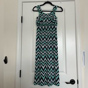 Three Pink Hearts Blue and Teal Chevron Ruffle Detail Dress
